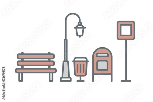 Outdoor urban park and street furniture elements including a classic wooden bench street lamp trash can mailbox and blank signpost