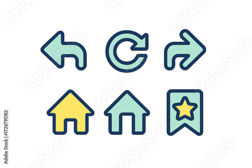 Set of user interface navigation icons featuring undo, redo, reply, home, and bookmark symbols for web and app design