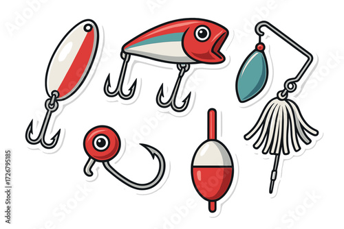 Essential fishing gear assortment featuring artificial bait, sharp hooks, and a classic float