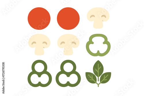 Stylized culinary ingredients including pepperoni, sliced mushrooms, green bell peppers, and fresh basil leaves for food design