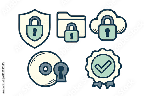 Digital data security and privacy icons set featuring shield, folder, cloud, and disk protection symbols
