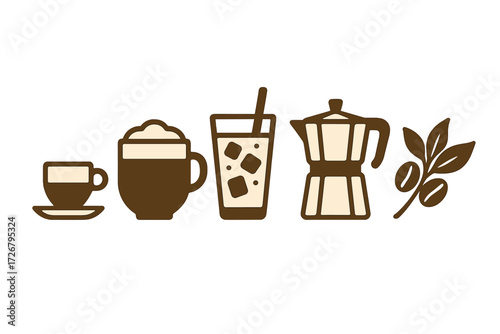 Assortment of coffee drinks and brewing equipment including espresso, iced coffee, moka pot, and coffee beans
