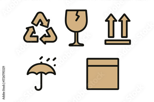 Essential packaging symbols for safe handling and shipping, including recycle, fragile, keep dry, and this way up