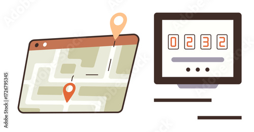 Map with location markers showing a route, alongside a monitor displaying a numerical counter. Ideal for navigation, travel, tracking, technology, progress, analytics and logistics. Conveying