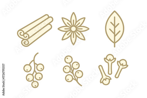 Assortment of various aromatic cooking spices and natural herbs for culinary and decorative purposes including cinnamon star anise bay leaf and cloves