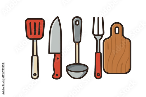 Basic kitchen implements for food preparation featuring a spatula chef's knife soup ladle serving fork and wooden chopping board