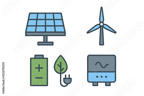 Sustainable energy generation, storage, and consumption icons including solar panel, wind turbine, battery, and eco plug