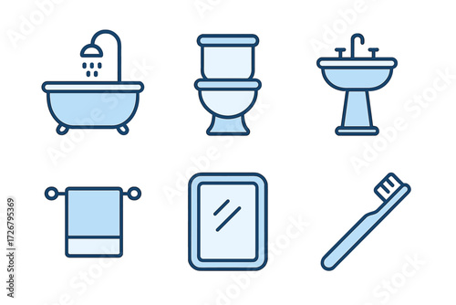 Modern bathroom essentials collection featuring hygiene and personal care items for home design and daily routines including tub, toilet, sink, mirror, toothbrush, and towel