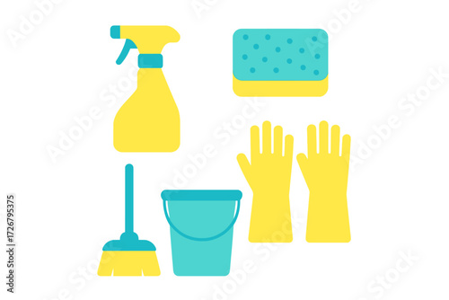 Essential household cleaning supplies set including spray bottle, sponge, rubber gloves, broom, and bucket for domestic chores