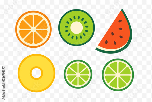 Colorful collection of various tropical and citrus fruit slices including orange, kiwi, watermelon, pineapple, and lime