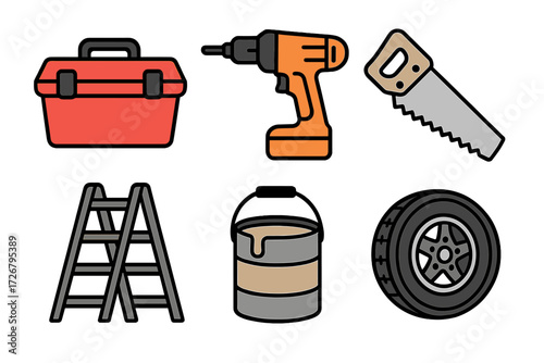 Essential home improvement, construction, and automotive repair tools including toolbox, drill, saw, ladder, paint, and car wheel
