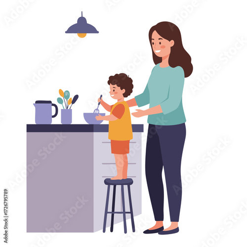 Child helping mom cook breakfast in home kitchen