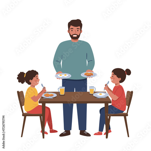 Father serving breakfast to children at kitchen table