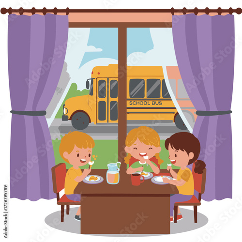 Kids eating breakfast while school bus waits outside window