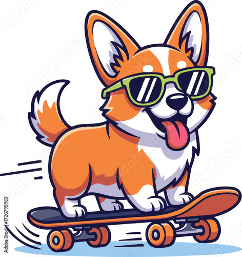 A charming corgi with sunglasses rides a skateboard, radiating joy and coolness, the playful scene captures the essence of summer fun and adventure