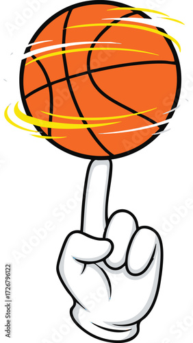 A basketball spins gracefully on a finger, showcasing skill and control, the dynamic image captures the essence of sportsmanship and athleticism
