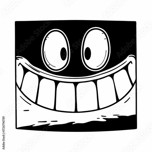 Minimilist cartoonish square face with large eyes and a wide toothy grin in black and white illustration style vector