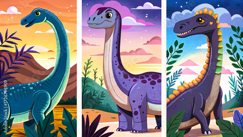 Brachiosaurus, Diplodocus, and Apatosaurus grazing vector set collection in prehistoric forest, highlighting dinosaur diversity, giant herbivores, and Jurassic wildlife ecosystem
