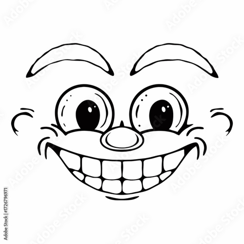 Minimilist cartoonish face with exaggerated features including large eyes and a wide toothy grin design vector