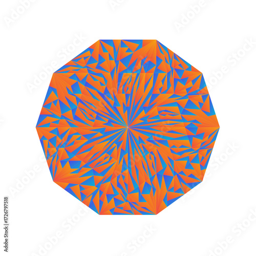 A vibrant nonagon contains a kaleidoscopic explosion of radiating orange and cyan crystalline shards.