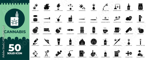 Cannabis Solid Icon Set. Cannabis, Marijuana, Hemp, Weed, Medical