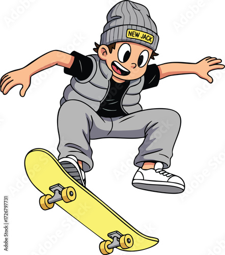 A cartoon skater is performing a trick on a yellow skateboard, wearing a beanie, vest, and sneakers, showcasing a youthful and energetic vibe