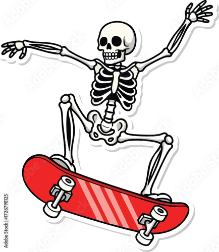 A skeleton riding a skateboard the image showcases a playful and edgy concept, blending the macabre with the thrill of skateboarding