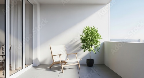 Elegant balcony featuring a stylish chair and potted plant bathed in sunlight creating a serene