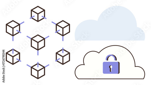 Interconnected blockchain cubes beside a cloud with a lock icon represent network security, data sharing, and encrypted access. Ideal for cybersecurity, blockchain, cloud storage, data protection