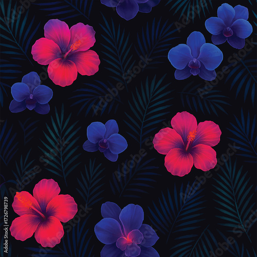 Dark Botanical Exotic Flowers Repeat Background
