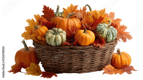Pumpkin basket filled with autumn leaves, isolated on transparent background 
