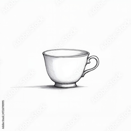White tea cup with handle in minimalist sketch style  