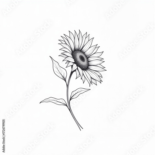 Single black and white sunflower illustration with leaves  