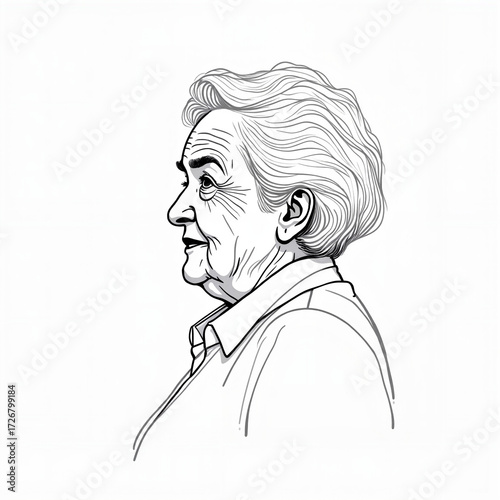Elderly woman in profile with gray hair and thoughtful expression, minimalist illustration in black and white  