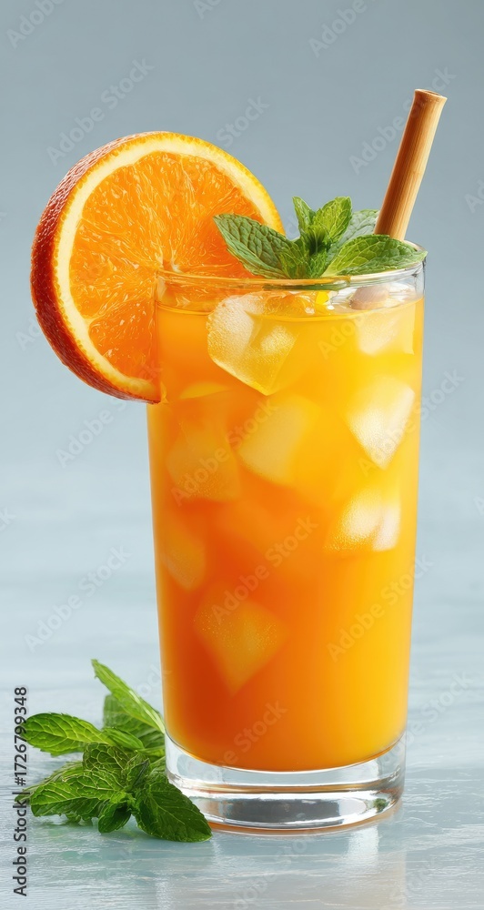 Fototapeta premium Orange juice drink with ice, mint, and orange slice