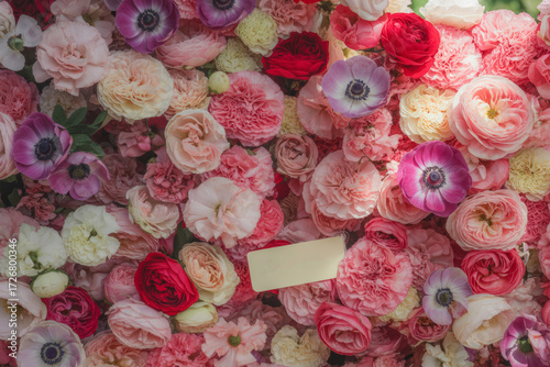 A vibrant wall of pink and purple flowers with a  tag 