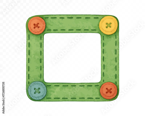 Felt square frame with stitched edges, decorated with colorful buttons in red, yellow, green and blue, cozy handmade festive holiday border. Watercolor vector illustration.