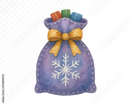 Felt Christmas gift bag with stitched edges, purple sack decorated with white snowflake, golden bow and filled with colorful presents, cozy handmade festive ornament. Watercolor vector illustration.
