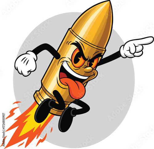 A cartoon bullet character with an angry expression flies forward, tongue sticking out, leaving a trail of fire behind it, a fun and dynamic design