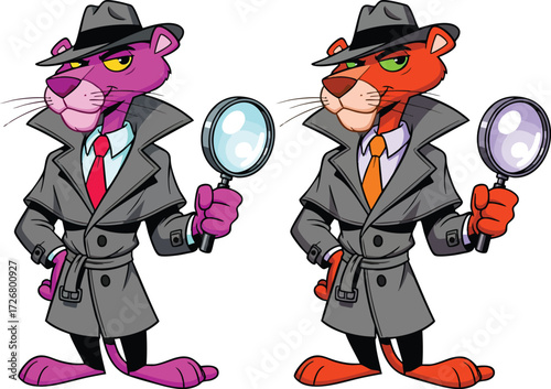 Two cartoon panthers are standing next to each other, each wearing a trench coat and hat, and holding a magnifying glass, they are detectives
