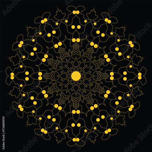 Abstract geometric pattern round shape with yellow outline and dots stars hexagons on dark backdrop