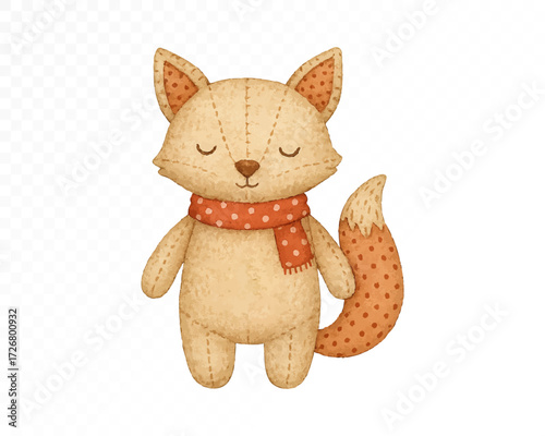 Felt fox ornament with stitched edges, cute woodland animal wearing red polka dot scarf, cozy handmade festive holiday decoration in textile craft style. Watercolor vector illustration.