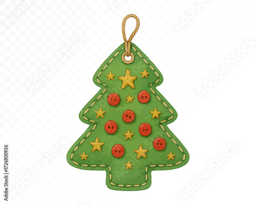 Felt Christmas tree ornament with stitched edges, decorated with golden stars and red buttons, cozy handmade festive holiday hanging decoration. Watercolor vector illustration.