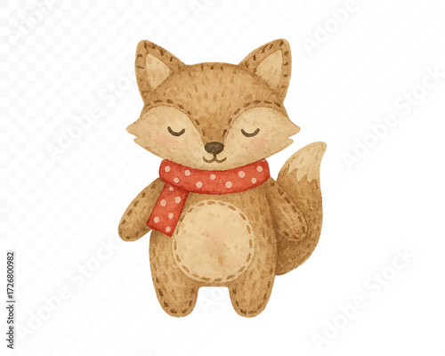 Felt fox ornament with stitched edges, cute woodland animal wearing red polka dot scarf, cozy handmade festive holiday decoration in textile craft style. Watercolor vector illustration.