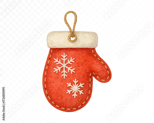 Felt Christmas mitten ornament with stitched edges, decorated with white snowflakes and cozy fur trim, handmade festive holiday hanging decoration. Watercolor vector illustration.