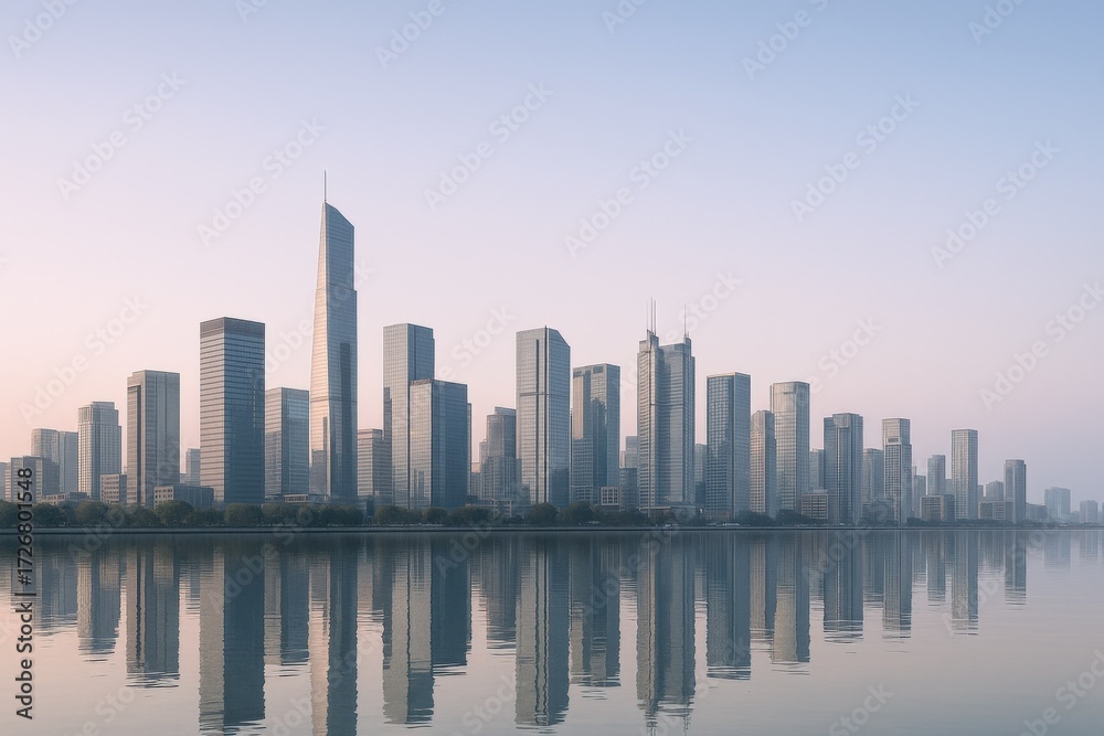 Obraz premium Modern Cityscape Reflected in Calm Waters at Dawn - Urban Skyline and Tranquil Water Reflection
