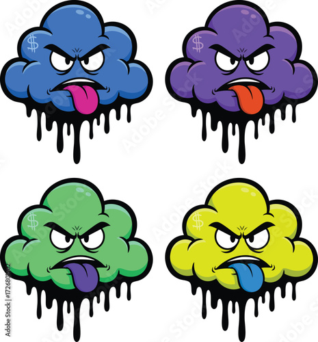 Four colorful cartoon clouds with angry expressions and dripping paint, each cloud has a different color and tongue, creating a playful yet edgy design