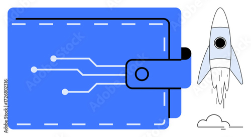 Blue wallet with circuit patterns and launching rocket symbolizing technology, digital finance, and innovation. Ideal for fintech, blockchain, investment, startups, e-commerce, online banking