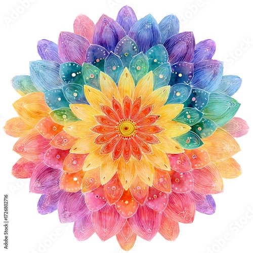 Vibrant daisy mandala in rainbow watercolor, no text