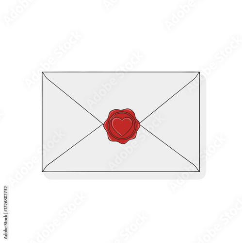 Closed love letter envelope with a romantic red heart shaped wax seal on a white background